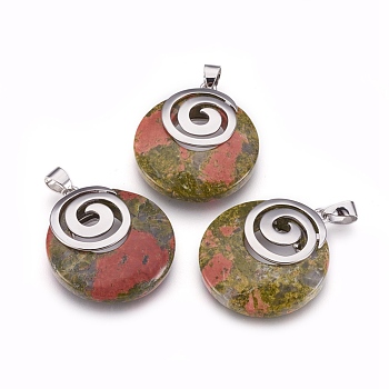 Natural Unakite Pendants, with Platinum Tone Brass Findings, Flat Round, 32x28x6mm, Hole: 4x5mm