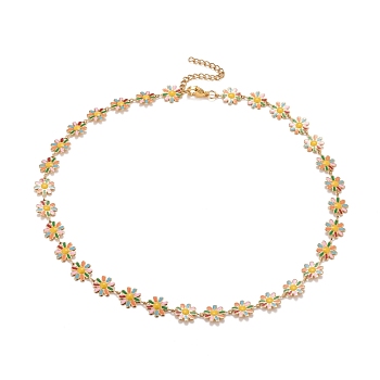 Enamel Daisy Link Chain Necklace, Vacuum Plating 304 Stainless Steel Jewelry for Women, Golden, Colorful, 16.3 inch(41.5cm)