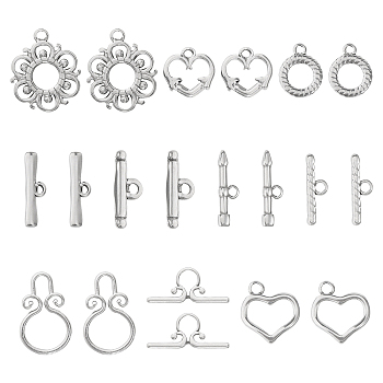 10 Sets 5 Styles 304 Stainless Steel Toggle Clasps, Heart & Ring & Flower, Mixed Shapes, Stainless Steel Color, 7~28x9.5~23.5x1.5~3mm, 2 sets/style