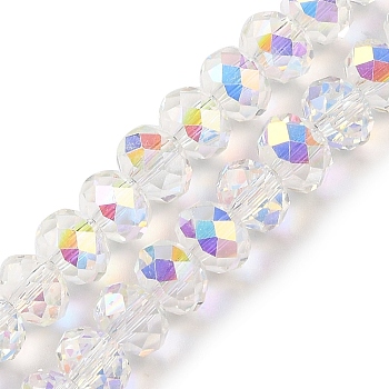 AB Color Plated Transparent Electroplate Beads Strands, Faceted, Round, White, 7.5x6mm, Hole: 1mm, about 80~83pcs/strand, 18.31~19.88''(46.5~50.5cm)