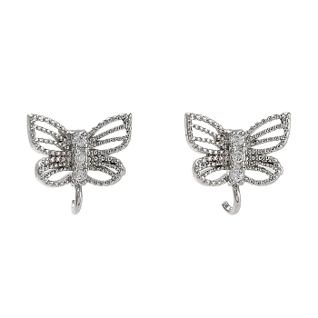 Brass Micro Pave Cubic Zirconia Stud Earrings Finding, Long-Lasting Plated, Lead Free & Cadmium Free, Butterfly, Platinum, 10.5x11mm, Hole: 1.8mm, Pin: 11x0.7mm