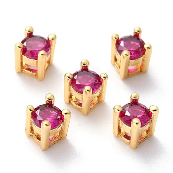 Brass inlaid Cubic Zirconia Slide Charms, Real 18K Gold Plated, Flat Round, Medium Violet Red, 4.5x4.5x5mm, Hole: 1x1.5mm