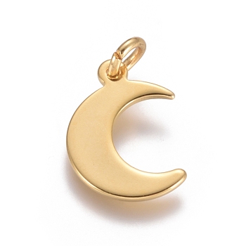 304 Stainless Steel Pendants, with Jump Rings, Moon, Golden, 15.5x11x1mm, Hole: 3mm