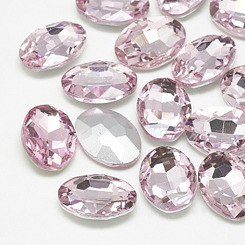 Pointed Back Glass Rhinestone Cabochons, Back Plated, Faceted, Oval, Light Rose, 14x10x4.5mm