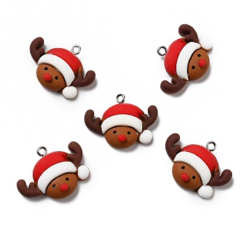 Opaque Resin Pendants, with Platinum Tone Iron Loops, Christmas Theme, Deer, Saddle Brown, 28x21x5mm, Hole: 2mm