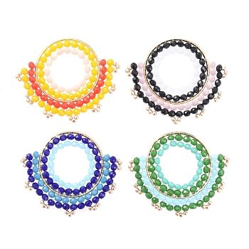 Faceted Glass Bead Pendants, with TOHO Japanese Seed Beads and Brass Linking Rings, Round, Mixed Color, 39~40x47~48x3.5mm