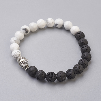 Natural Lava Rock Beads and Natural Howlite Beads Stretch Bracelets, with Alloy Findings, Buddha, Burlap Packing, Antique Silver, 2-1/8 inch(5.3cm), Bag: 12x8.5x3cm