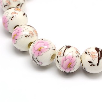 Handmade Flower Printed Porcelain Ceramic Beads Strands, Round, Pearl Pink, 10mm, Hole: 2mm, about 35pcs/strand, 13.5 inch