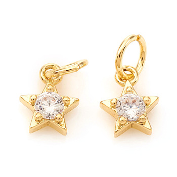 Brass Micro Pave Cubic Zirconia Charms, with Jump Rings, Star, Clear, Real 18K Gold Plated, 6.5x5x2mm, Jump Ring: 4x0.6mm, Hole: 2.5mm