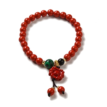 6mm Round Cinnabar Mala Stretch Bracelets, with Synthetic Malachite and Natural Agate, Flower, Inner Diameter: 2 inch(4.95~5.1cm)