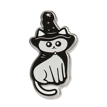 Halloween Themed Double-sided Printed Acrylic Pendants, Cat Shape, Black, 49x27x2mm, Hole: 1.2mm