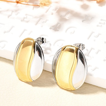 304 Stainless Steel Two Tone Stud Earrings, Golden & Stainless Steel Color, Oval, 24x22mm