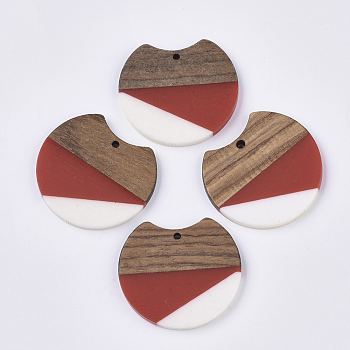 Two Tone Resin & Walnut Wood Pendants, Gap Flat Round, FireBrick, 33~34x37x3~4mm, Hole: 1.8~2mm
