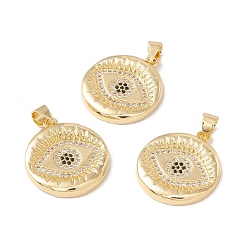 Brass Micro Pave Clear & Black Cubic Zirconia Pendants, Cadmium Free & Lead Free, Flat Round with Eye, Real 18K Gold Plated, 22x20x2mm, Hole: 3x4mm
