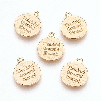 Brass Charms, Flat Round with Thankful Grateful Blessed, Nickel Free, Real 18K Gold Plated, 13x11x1mm, Hole: 1mm