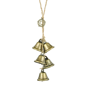 Iron Witch Bell Wind Chime, Flat Round with Star Alloy Charm and Jute Cord Home Outdoor Hanging Decorations, Antique Bronze, 317mm, Bell: 40x38mm, Pendants: 30~47x15~27x2mm