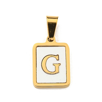 PVD Vacuum Plating 304 Stainless Steel Pave Natural White Shell Pendants, Rectangle with Letter Charms, Golden, Letter G, 17.5x12x1.5mm, Hole: 6x3mm