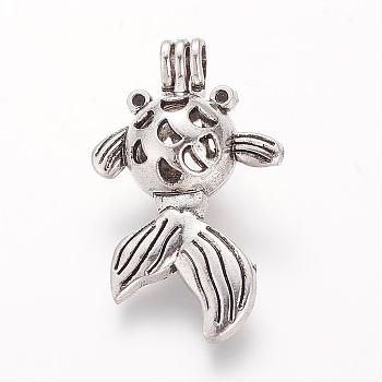 Alloy Locket Pendants, Cage Pendants, Hollow, Goldfish, Antique Silver, 34x20.5x12mm, Hole: 3mm, inner measure: 10mm