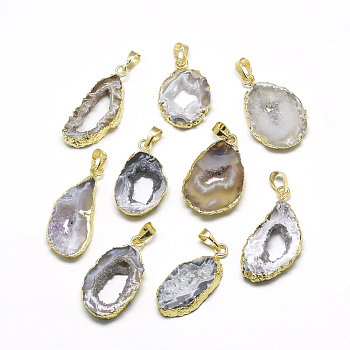Plated Natural Druzy Grey Agate Pendants, with Brass Findings, Golden, 25~40x15~25x4~5mm, Hole: 5x7mm