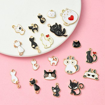 20Pcs 20 Style Alloy Pendants, with Enamel, Golden, Cadmium Free & Nickel Free & Lead Free, Cat Shape Charms, Mixed Color, 11~29.5x8~23.5x1.5~3mm, Hole: 1.6~3mm, 1pc/style