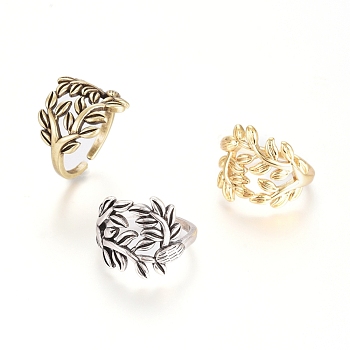 Adjustable Brass Cuff Rings, Open Rings, Long-Lasting Plated, Leaf, Mixed Color, Size 6, 16mm