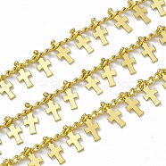 Handmade Brass Curb Chains, with Cross  Charms, Soldered, with Spool, Real 18K Gold Plated, Link: 3x2x0.7mm(CHC-F015-14G)