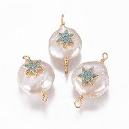 Natural Cultured Freshwater Pearl Pendants, for Jewish, with Cubic Zirconia and Brass Findings, Flat Round with Star of David, Golden, Deep Sky Blue, 19~23x12~14mm, Hole: 1.6mm(PEAR-I005-22C)