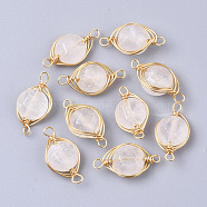 Natural Quartz Crystal Links Connectors, Rock Crystal, Wire Wrapped Links, with Golden Tone Brass Wires, Faceted, Flat Round, 17~21x9~11x5~7mm, Hole: 1.2~1.5mm(G-S359-043B)