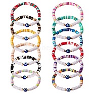12Pcs 12 Colors Handmade Polymer Clay Heisih Beaded Stretch Bracelets Set with Evil Eye, Lucky Preppy Bracelets for Women, Mixed Color, Inner Diameter: 2-1/8 inch(5.5cm)(BJEW-SW00034)