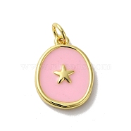 Brass Enamel Pendants, with Jump Ring, Lead Free & Cadmium Free, Long-Lasting Plated, Oval with Star Charm, Real 18K Gold Plated, Pink, 17x13x2.5mm, Hole: 3.5mm(KK-H487-16G)