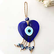 Heart with Evil Eye Glass Pendant Decorations, Tassel Hemp Rope Hanging Ornament, Royal Blue, 220x80mm(EVIL-PW0002-08B)