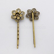 Vintage Iron Hair Bobby Pin Findings, with Filigree Flower Cabochon Bezel Settings, Nickel Free, Antique Bronze, Flower: 23x20mm, 63x20x7mm(IFIN-J039-18AB-NF)
