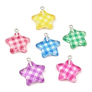 Translucent Resin Pendants, Glitter Tartan Charms with Platinum Plated Iron Loops, Mixed Color, Star, 25x22.5x6.5mm, Hole: 2mm(CRES-F028-01B)