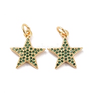 Brass Micro Pave Clear Cubic Zirconia Charms, with Jump Ring, Long-Lasting plated, Real 18K Gold Plated, Star, Dark Green, 16x14x1.5mm, Ring: 5x1mm, Inner Diameter: 3mm(ZIRC-Z018-15G-E)