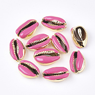 Electroplated Cowrie Shell Beads, with Enamel, No Hole/Undrilled, Golden, Hot Pink, 18~20x12~14x6~7.5mm(SSHEL-T008-11G-05)