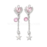 Rack Plating Alloy Pendants, with Rhinestone, Heart, Platinum, Light Rose, 57x14x5mm, Hole: 2mm(FIND-C062-03P-02)