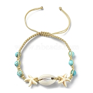 Natural Shell & Synthetic Turquoise Braided Bead Bracelet, Starfish Adjustable Bracelet, Inner Diameter: 2-3/8~4 inch(6~10cm)(BJEW-TA00416-01)