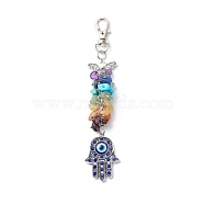 Gemstone Chips Cluster Pendant Decoration, Hamsa Hand with Evil Eye Lobster Clasp Charms, Clip-on Charms, for Keychain, Purse, Backpack Ornament, 135mm(HJEW-JM00770)