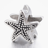 304 Stainless Steel European Beads, Large Hole Beads, Starfish/Sea Stars, Antique Silver, 11x12x8.5mm, Hole: 5mm(STAS-F150-076AS)
