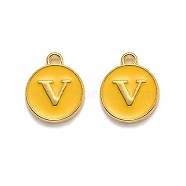 Golden Plated Alloy Enamel Charms, Enamelled Sequins, Flat Round with Alphabet, Letter.V, Yellow, 14x12x2mm, Hole: 1.5mm(X-ENAM-Q437-13V)