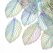 Ion Plating(IP) 201 Stainless Steel Filigree Pendants, Etched Metal Embellishments, Tropical Leaf Charms, Monstera Leaf, Rainbow Color, 37x21x0.3mm, Hole: 1.6mm(X-STAS-R102-28)