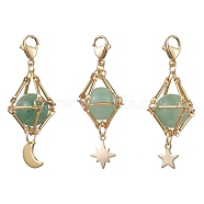 Natural Green Aventurine Brass Pendant Decorations, Diamond with Star & Moon, 48~52mm, 3pcs/set(HJEW-JM01817-02)