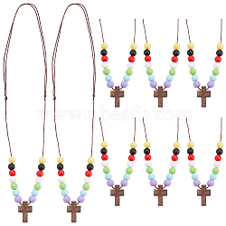 Wood Cross with Acrylic Beaded Pendant Necklaces for Women, Colorful, 18.50~31.89 inch(47~81cm)(NJEW-AB00011)