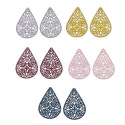 430 Stainless Steel Filigree Pendants, Spray Painted, Etched Metal Embellishments, Teardrop with Flower, Mixed Color, 40x26.5x0.5mm, Hole: 1mm(STAS-S108-15)