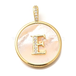 Rack Plating Brass Micro Pave Clear Cubic Zirconia Pendants with Shell, Letter Series Charms, Long-Lasting Plated, Lead Free & Cadmium Free, Letter E, 32x24x3.5mm, Hole: 6x3mm(KK-M309-42G-E)