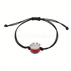 Porcelain Braided Bead Bracelets, Adjustable Waxed Cord Bracelets for Women, Cat Shape, Cat: 14.5x14mm(JC5821-1)