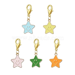 Star with Smiling Face Alloy Enamel Pendant Decooration, Zinc Alloy Lobster Claw Clasps Charms for Bag Ornaments, Golden, 38~38.5mm(HJEW-JM01965)