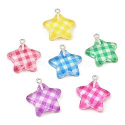 Translucent Resin Pendants, Glitter Tartan Charms with Platinum Plated Iron Loops, Mixed Color, Star, 25x22.5x6.5mm, Hole: 2mm(CRES-F028-01B)