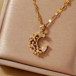 Shiny Brass Clear Cubic Zirconia Pendant Necklaces for Women, Golden, Moon, 15.75 inch(40cm)(YA7820-1)