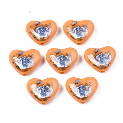 Flower Printed Opaque Acrylic Heart Beads, Sandy Brown, 16x19x8mm, Hole: 2mm(SACR-S305-28-J02)